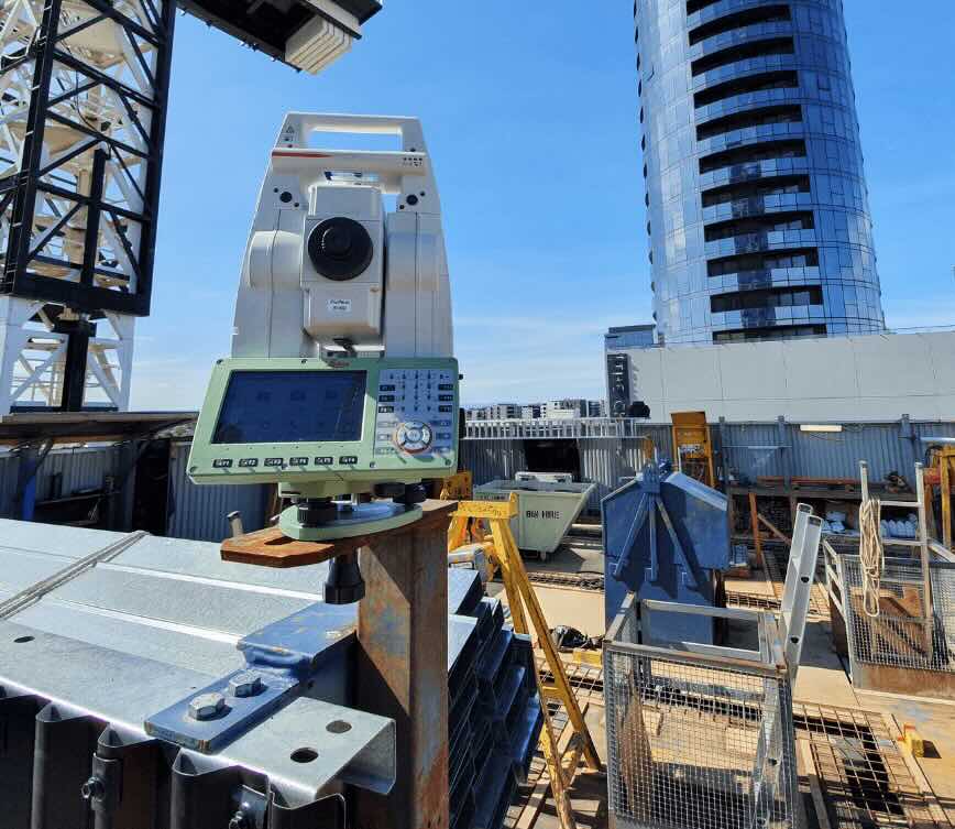 Engineering surveyor equipment used for monitoring surveys and deformation tracking on high rise construction site