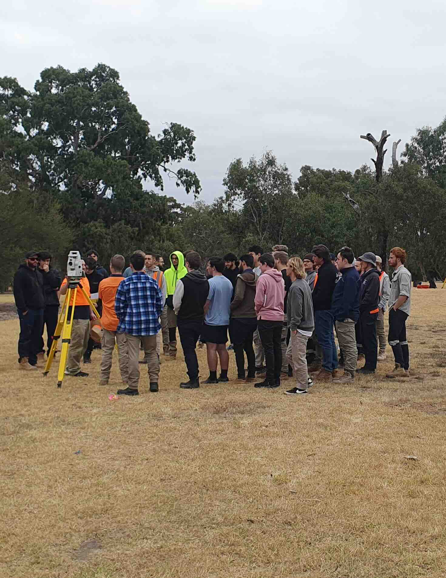 Land surveying training course in Melbourne with students receiving practical field instruction using survey equipment