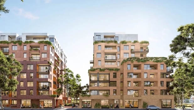 Architectural render of the Brunswick LIV Build-to-Rent development by Mirvac, showing the full building exterior with green rooftop planting