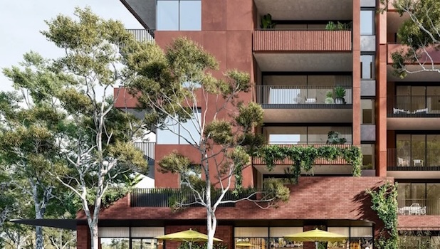 Architectural render of Brunswick LIV apartments showing landscaped communal courtyard and terracotta facade in Brunswick, Melbourne
