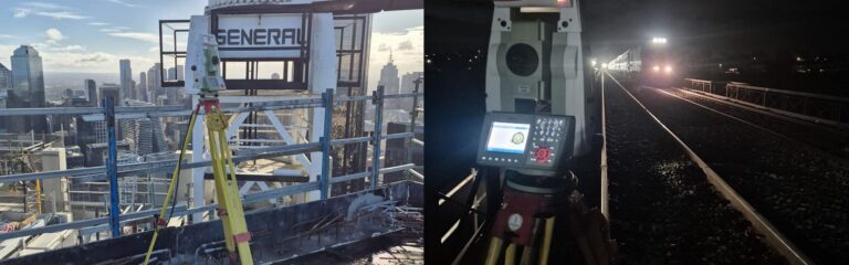 Total station on a rail corridor at night with a train approaching during a Melbourne rail surveying operation. Leica total station on a high-rise construction floor with the Melbourne CBD skyline in the background